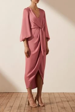 Shona Joy LUXE TIE FRONT BALLOON SLEEVE MIDI DRESS - ROSE DRESSES