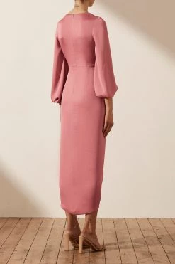 Shona Joy LUXE TIE FRONT BALLOON SLEEVE MIDI DRESS - ROSE DRESSES
