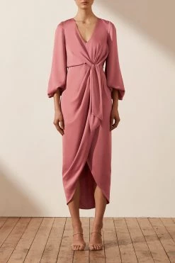 Shona Joy LUXE TIE FRONT BALLOON SLEEVE MIDI DRESS - ROSE DRESSES