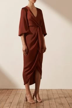 Shona Joy DRESSES LUXE TIE FRONT BALLOON SLEEVE MIDI DRESS - SANGRIA