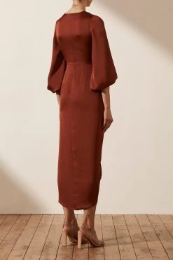Shona Joy DRESSES LUXE TIE FRONT BALLOON SLEEVE MIDI DRESS - SANGRIA