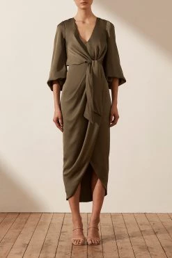 Shona Joy LUXE TIE FRONT BALLOON SLEEVE MIDI DRESS - PINE DRESSES