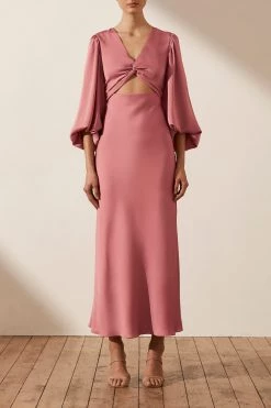 Shona Joy DRESSES LUXE TWIST FRONT BALLOON SLEEVE MIDI DRESS - ROSE