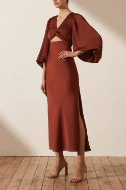 Shona Joy DRESSES LUXE TWIST FRONT BALLOON SLEEVE MIDI DRESS - SANGRIA
