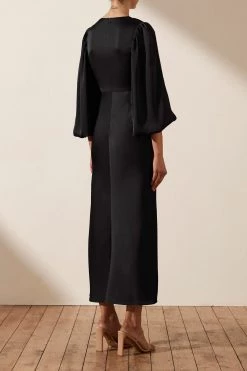 Shona Joy DRESSES LUXE TWIST FRONT BALLOON SLEEVE MIDI DRESS - ONYX