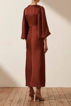 Shona Joy DRESSES LUXE TWIST FRONT BALLOON SLEEVE MIDI DRESS - SANGRIA
