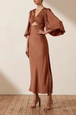 Shona Joy DRESSES LUXE TWIST FRONT BALLOON SLEEVE MIDI DRESS - MOCHA
