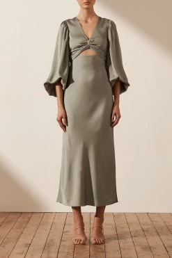 Shona Joy DRESSES LUXE TWIST FRONT BALLOON SLEEVE MIDI DRESS - EUCALYPTUS