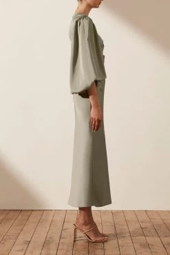Shona Joy DRESSES LUXE TWIST FRONT BALLOON SLEEVE MIDI DRESS - EUCALYPTUS