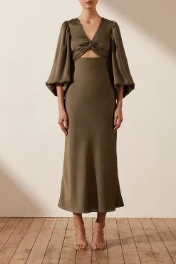 Shona Joy LUXE TWIST FRONT BALLOON SLEEVE MIDI DRESS - PINE