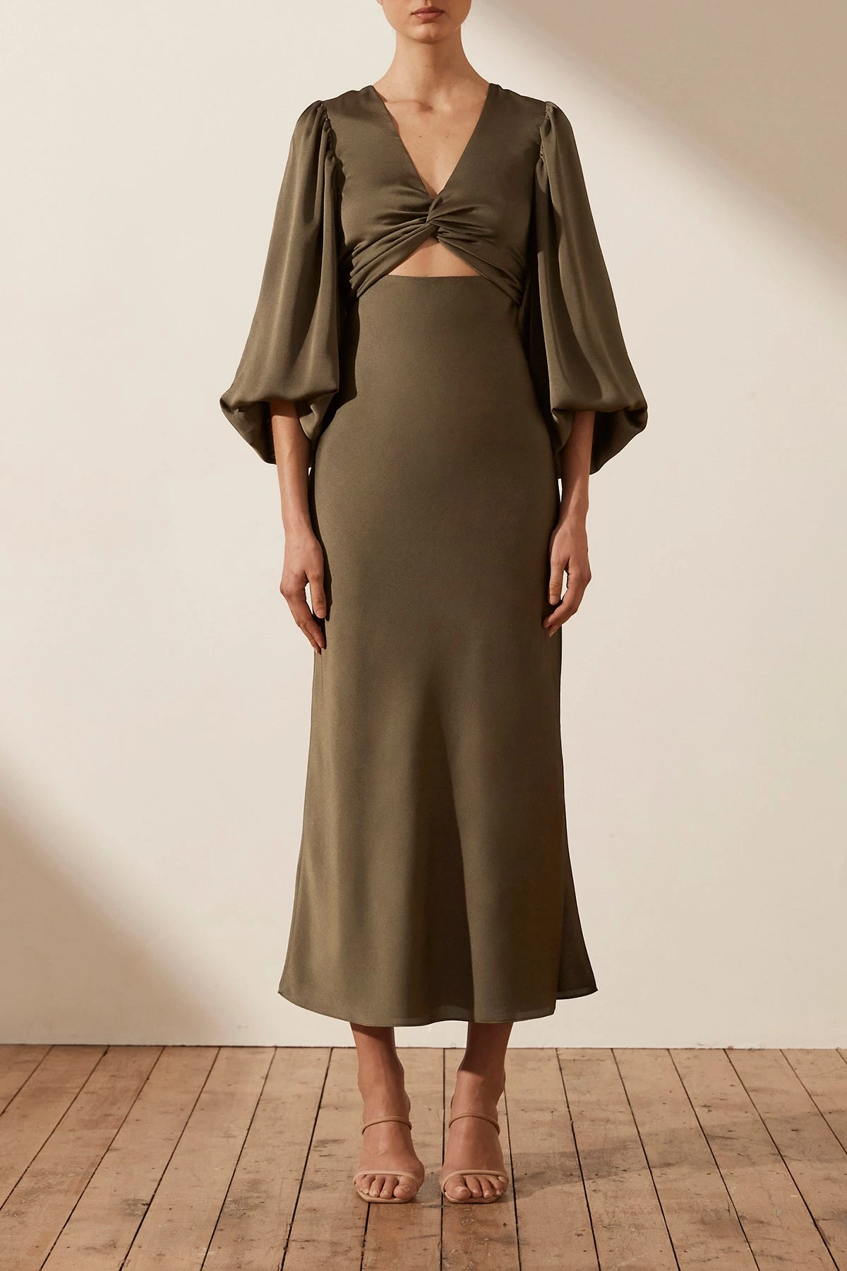 Shona Joy LUXE TWIST FRONT BALLOON SLEEVE MIDI DRESS - PINE 2 Shona Joy LUXE TWIST FRONT BALLOON SLEEVE MIDI DRESS - PINE
