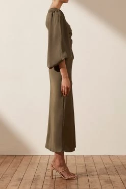 Shona Joy LUXE TWIST FRONT BALLOON SLEEVE MIDI DRESS - PINE 8 Shona Joy LUXE TWIST FRONT BALLOON SLEEVE MIDI DRESS - PINE