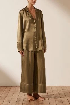 Shona Joy BRIDESMAIDS LA LUNE LOUNGE LONG SLEEVE SHIRT SET- WARM OLIVE