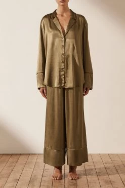 Shona Joy BRIDESMAIDS LA LUNE LOUNGE LONG SLEEVE SHIRT SET- WARM OLIVE