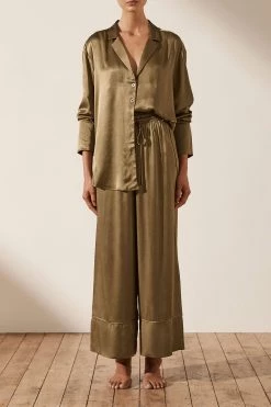 Shona Joy BRIDESMAIDS LA LUNE LOUNGE LONG SLEEVE SHIRT SET- WARM OLIVE