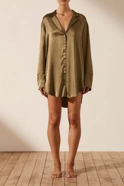 Shona Joy LA LUNE LOUNGE SHIRT DRESS - WARM OLIVE