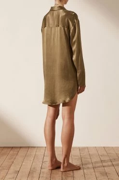 Shona Joy LA LUNE LOUNGE SHIRT DRESS - WARM OLIVE