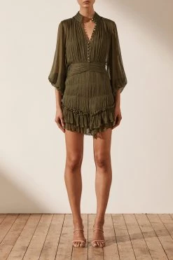 Shona Joy IRIS BUTTON UP RUCHED MINI DRESS - CUMIN