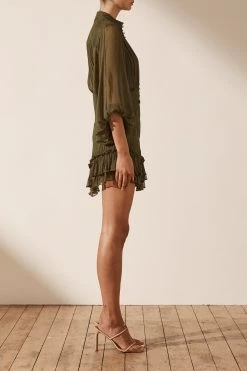 Shona Joy IRIS BUTTON UP RUCHED MINI DRESS - CUMIN