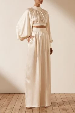 Shona Joy TOPS LA LUNE HIGH NECK TIE UP CROP TOP - CREAM