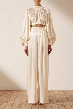 Shona Joy TOPS LA LUNE HIGH NECK TIE UP CROP TOP - CREAM