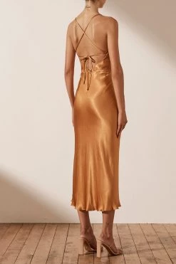 Shona Joy DRESSES ALMA ASYMMETRICAL BIAS COWL MIDI DRESS - TURMERIC