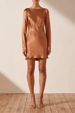 Shona Joy DRESSES LA LUNE LONG SLEEVE BACKLESS MINI DRESS - COPPER