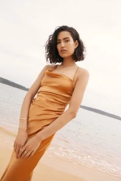 Shona Joy DRESSES ALMA ASYMMETRICAL BIAS COWL MIDI DRESS - TURMERIC