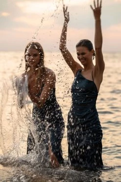 Shona Joy DRESSES LA LUNE ASYMMETRICAL BIAS COWL MIDI DRESS - BLUE SMOKE