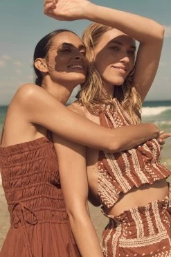 Shona Joy ATLAS LINEN CROP HALTER TOP - PAPRIKA/CREAM TOPS