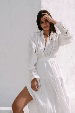 Shona Joy DRESSES ADRIANA LINEN LONG SLEEVE MIDI DRESS - RICE