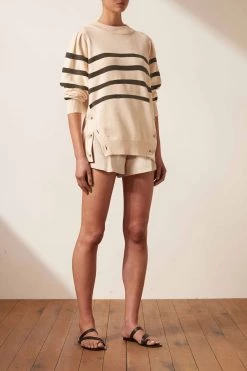 Shona Joy TOPS ANGELA SIDE BUTTON JUMPER - CREAM/FOREST