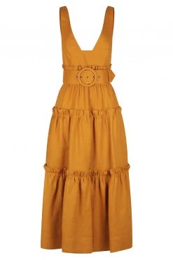 Shona Joy ARIA LINEN TIERED MIDI DRESS - TURMERIC