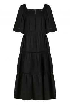 Shona Joy ARIELLA LINEN PIN TUCK PUFF SLEEVE MIDI DRESS - BLACK