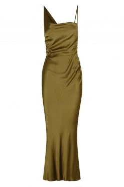 Shona Joy GIORGIA ASYMMETRICAL BIAS COWL MIDI DRESS - OLIVE OIL DRESSES