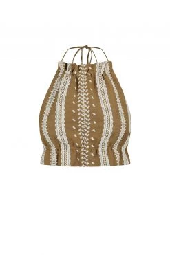 Shona Joy ATLAS LINEN CROP HALTER TOP - CUMIN/CREAM TOPS