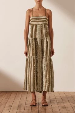 Shona Joy ATLAS LINEN BACKLESS TIERED MIDI DRESS - CUMIN/CREAM DRESSES