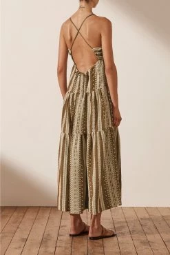Shona Joy ATLAS LINEN BACKLESS TIERED MIDI DRESS - CUMIN/CREAM DRESSES