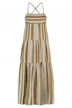 Shona Joy ATLAS LINEN BACKLESS TIERED MIDI DRESS - CUMIN/CREAM DRESSES