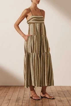 Shona Joy ATLAS LINEN BACKLESS TIERED MIDI DRESS - CUMIN/CREAM DRESSES