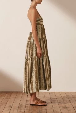Shona Joy ATLAS LINEN BACKLESS TIERED MIDI DRESS - CUMIN/CREAM DRESSES
