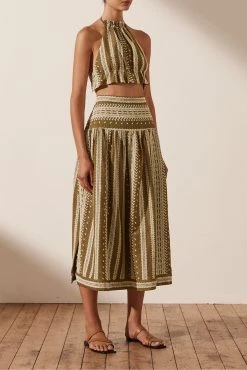 Shona Joy ATLAS LINEN SPLIT MIDI SKIRT - CUMIN/CREAM SKIRTS