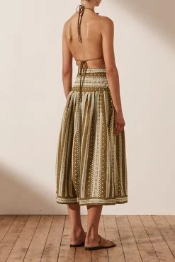 Shona Joy ATLAS LINEN SPLIT MIDI SKIRT - CUMIN/CREAM SKIRTS