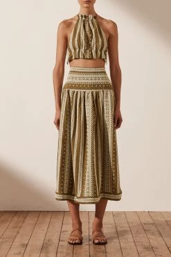 Shona Joy ATLAS LINEN SPLIT MIDI SKIRT - CUMIN/CREAM SKIRTS