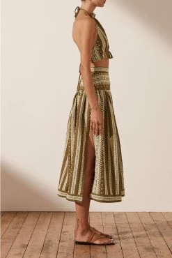 Shona Joy ATLAS LINEN SPLIT MIDI SKIRT - CUMIN/CREAM SKIRTS