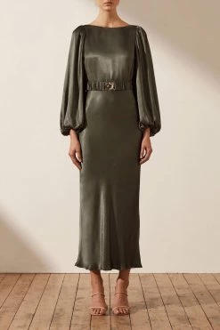 Shona Joy LA LUNE BALLOON SLEEVE MIDI DRESS WITH BELT - OLIVE DRESSES