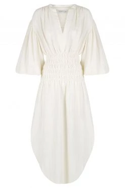 Shona Joy BRIGITTE LINEN BALLOON SLEEVE MIDI DRESS - TOFU DRESSES