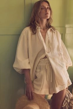 Shona Joy BRIGITTE LINEN BALLOON SLEEVE BUTTON UP SHIRT - TOFU TOPS