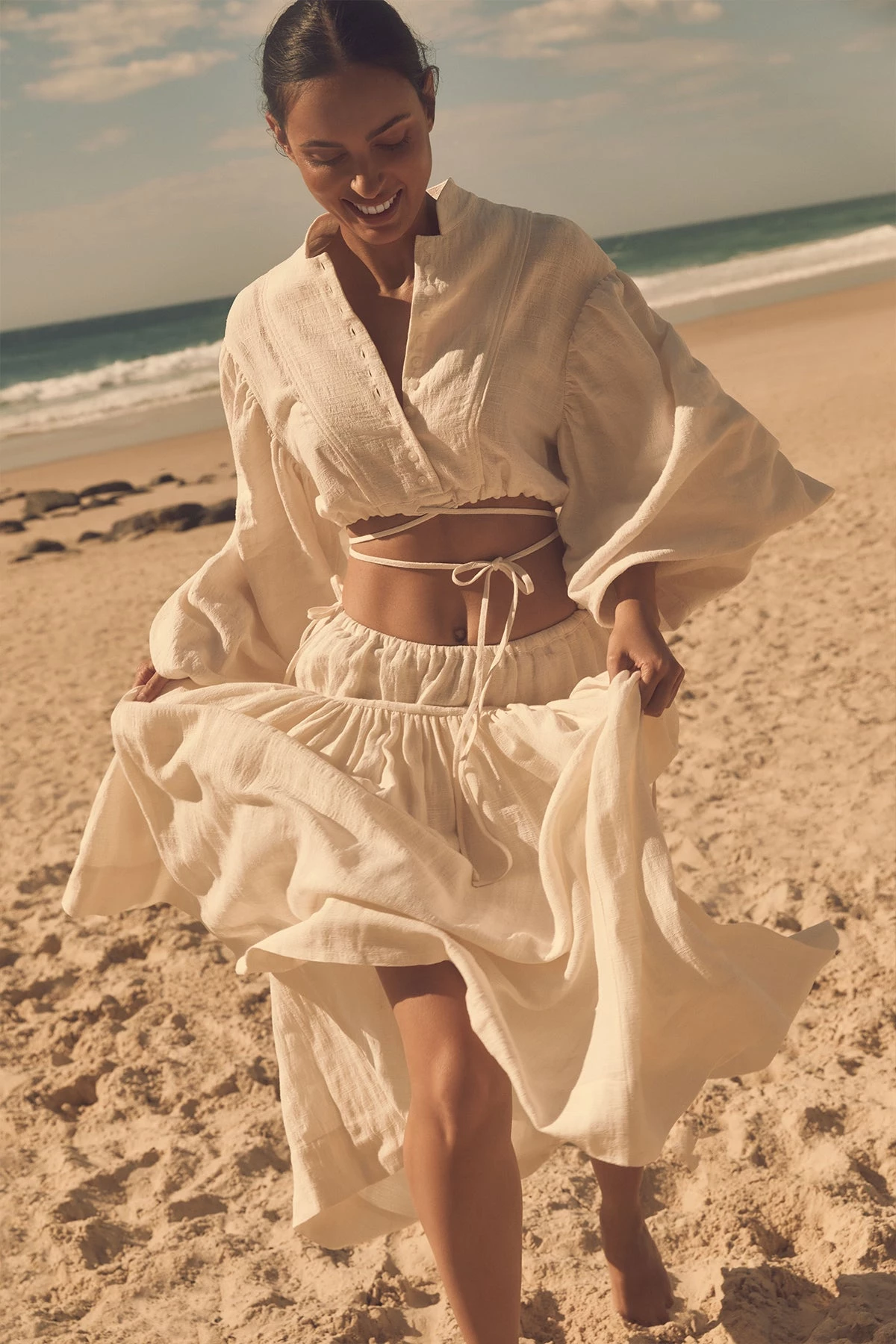 Shona Joy SKIRTS BRIGITTE LINEN DRAWSTRING SPLIT MIDI SKIRT -TOFU 2 Shona Joy SKIRTS BRIGITTE LINEN DRAWSTRING SPLIT MIDI SKIRT -TOFU