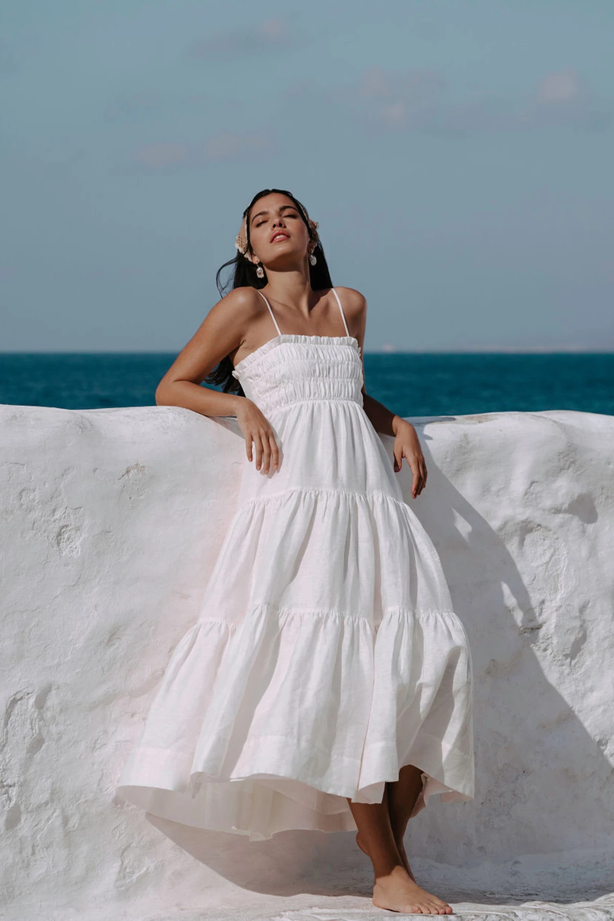 Shona Joy BRUNA LINEN OPEN BACK SHIRRED MIDI DRESS - IVORY 2 Shona Joy BRUNA LINEN OPEN BACK SHIRRED MIDI DRESS - IVORY